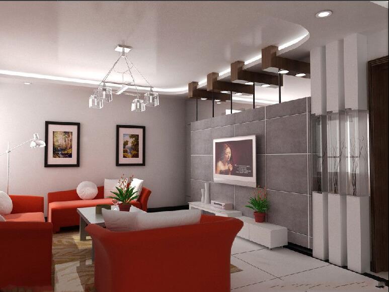 佛山碧桂园·珑悦30平米客厅红色沙发电视墙隔断柱形吊灯效果图